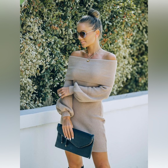 Greer Off The Shoulder Sweater Dress – Taupe XS - Picture 2 of 5